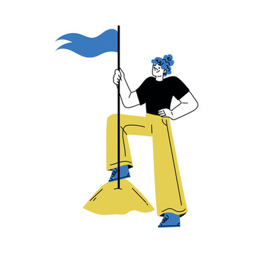 Self Growth with Woman Character Climbing Top Mountain with Flag Engaged in Personal Development and Improvement Vector Illustration