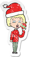 retro distressed sticker of a cartoon woman ready for christmas