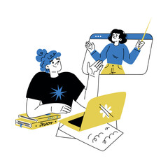 Self Growth with Woman Character Studying Online Training Engaged in Personal Development and Improvement Vector Illustration