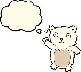 cartoon waving polar bear cub with thought bubble