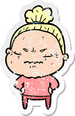 distressed sticker of a cartoon annoyed old lady