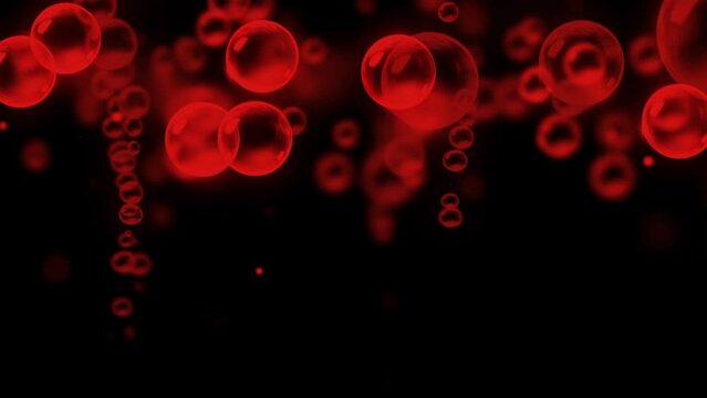 Red Bubbles on Black Background 4K Loop features red bubbles popping onto screen in a black atmosphere and floating upward in a loop.