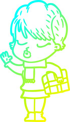 cold gradient line drawing cartoon woman with eyes shut
