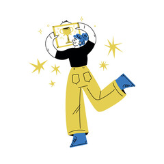 Self Growth with Woman Character Hanging Award on Wall Engaged in Personal Development and Improvement Vector Illustration