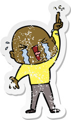 distressed sticker of a cartoon crying bald man