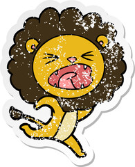 distressed sticker of a cartoon running lion