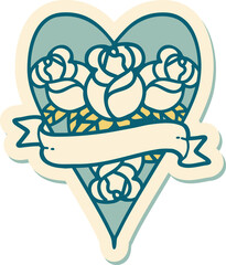 tattoo style sticker of a heart and banner with flowers
