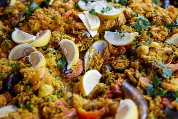 Close Up Of Traditional Spanish Delicious Seafood Paella In Pan