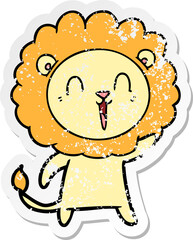 distressed sticker of a laughing lion cartoon