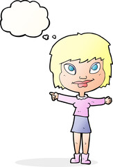cartoon woman pointing with thought bubble