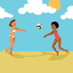 Summer activity. Women playing volleyball. Summertime and Vacation. Vector Flat file.