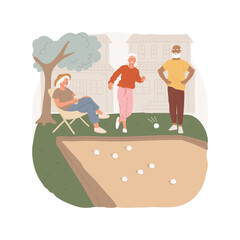 Bocce ball isolated cartoon vector illustration. Petanque game, senior people playing bocce ball in the park under trees, outdoor recreation area, suburban houses on background vector cartoon.
