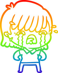 rainbow gradient line drawing cartoon girl crying