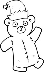 black and white cartoon teddy bear wearing christmas hat
