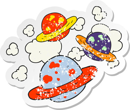 retro distressed sticker of a cartoon planets