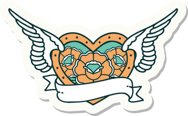 tattoo style sticker of a flying heart with flowers and banner