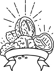 banner with black line work tattoo style walnuts with shell