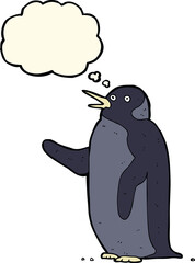 cartoon penguin waving with thought bubble
