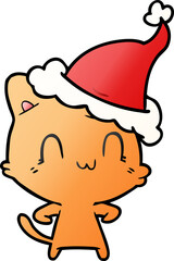 gradient cartoon of a happy cat wearing santa hat