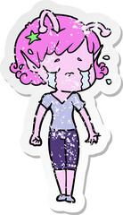 distressed sticker of a cartoon crying alien girl