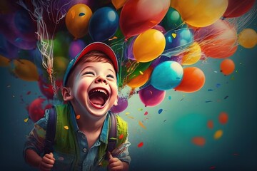 Happy kid boy having fun flying up with air ballons. Generative AI - obrazy, fototapety, plakaty