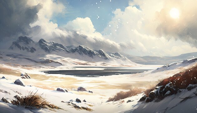 Snow-covered winter landscape depicting a vast plain or valley, with mountains visible in the distance in the background. Generative AI illustration.