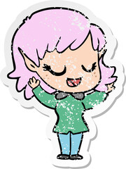 distressed sticker of a happy cartoon elf girl