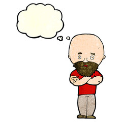 cartoon shocked bald man with beard with thought bubble