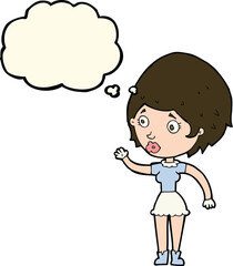 cartoon woman waving with thought bubble