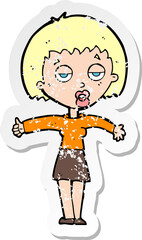 retro distressed sticker of a cartoon bored woman