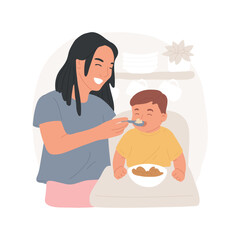 Feeding with a spoon isolated cartoon vector illustration. Cheerful mom feeding her baby solid food with spoon, family lifestyle, food habits, nutrition for toddler vector cartoon.