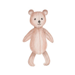 Watercolor illustration. Hand painted illustration of brown teddy bear. Stuffed, soft toy. Wild animal. Cute cartoon character. Isolated clip art for fabric textile, prints, posters, banners