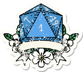 natural one d20 dice roll grunge sticker