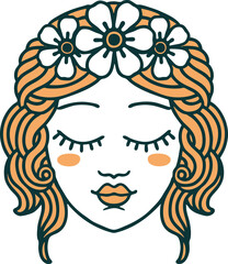 tattoo style icon of female face with eyes closed