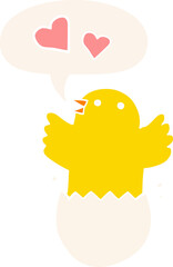 cute hatching chick cartoon and speech bubble in retro style