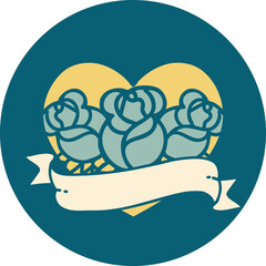 tattoo style icon of a heart and banner with flowers