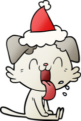 gradient cartoon of a panting dog wearing santa hat