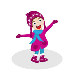 cartoon image of a little laughing girl in a hat and coat 