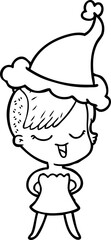 happy line drawing of a girl in cocktail dress wearing santa hat