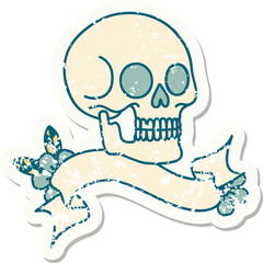 grunge sticker with banner of a skull