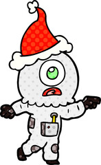 comic book style illustration of a cyclops alien spaceman pointing wearing santa hat