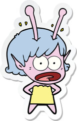 sticker of a cartoon shocked alien girl