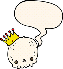 cartoon skull and crown and speech bubble in comic book style
