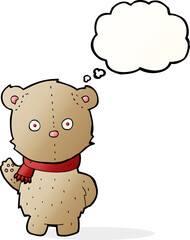 cartoon teddy bear wearing scarf with thought bubble