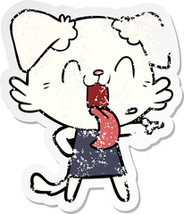 distressed sticker of a cartoon panting dog in dress