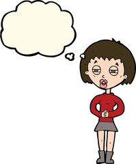 cartoon suspicious girl with thought bubble