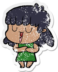 distressed sticker of a cartoon woman laughing