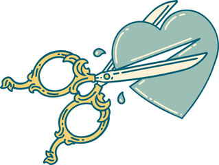 tattoo style icon of scissors cutting a heart