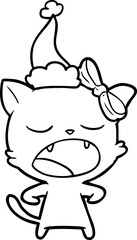 line drawing of a yawning cat wearing santa hat