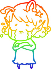 rainbow gradient line drawing cartoon crying alien girl